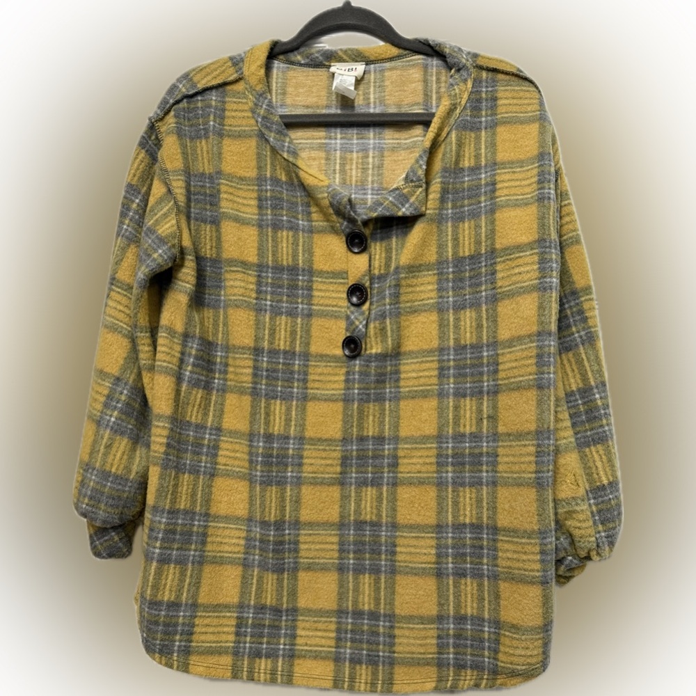 Bibi Mustard & Gray Plaid Button Henley Pullover | Size Medium